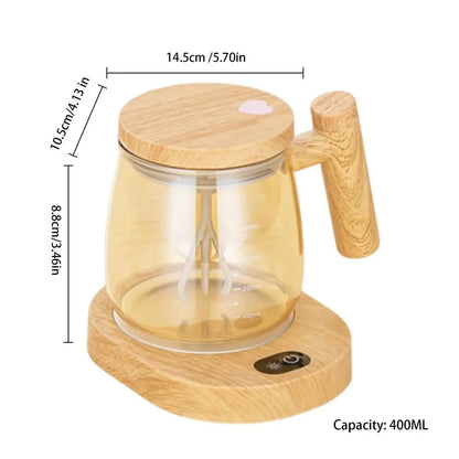 400ml Portable Electric Self-Stirring Glass Coffee Mug with Wooden Handle and Base