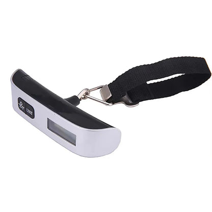 Compact Digital LCD Display Luggage Scale - Portable handheld device with a black strap for weighing suitcases and bags up to 110lb/50kg capacity, featuring a sleek white body and digital readout.