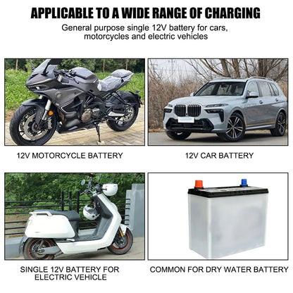 Versatile 12V battery charger suitable for cars, motorcycles, and electric vehicles