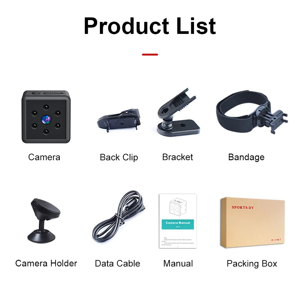 Compact 1080P HD mini camera with infrared night vision and recording capabilities, along with various accessories like back clip, bracket, and bandage for versatile mounting and use.
