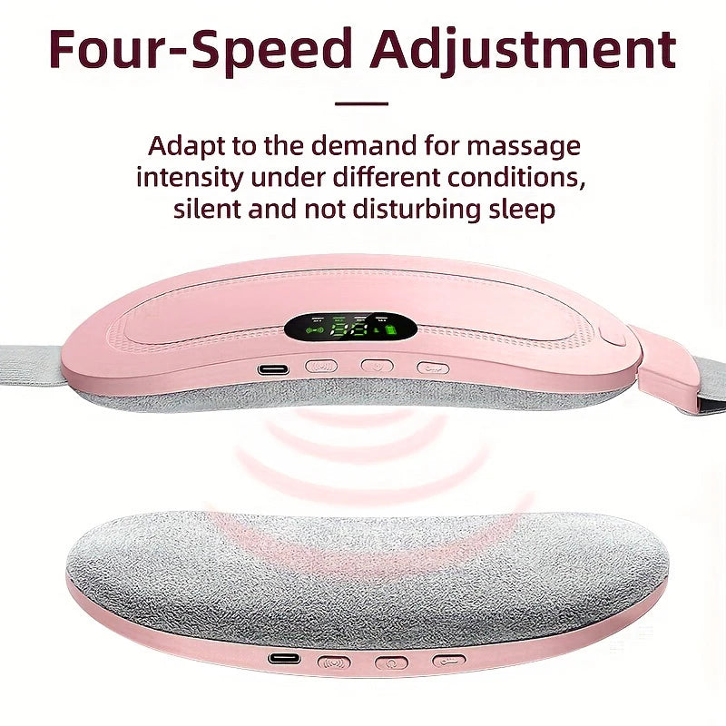 Portable pink electric heating pad for relieving period cramps and menstrual pain with four-speed adjustment and Digital Display to adapt massage intensity to user's needs.