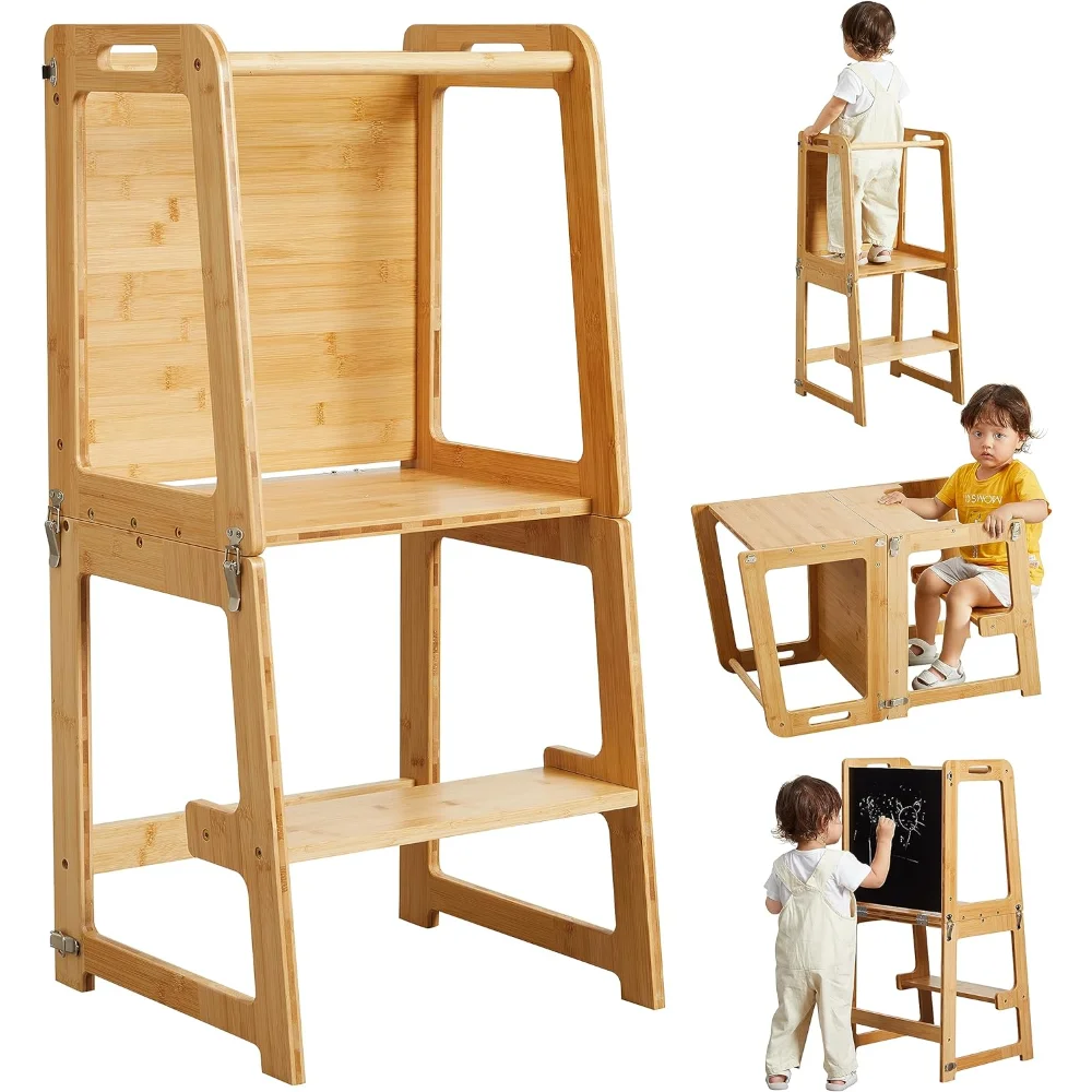 4-in-1 Standing Tower for Toddlers and Kids 1-6 Years, Bamboo Kitchen Learning Helper Stool with Chalkboard, Desk Table, - naiveniche