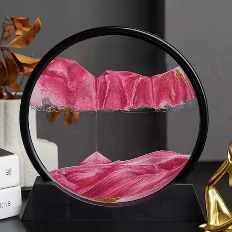 3D Flowing Pink Sand Art Picture in Circular Glass Display