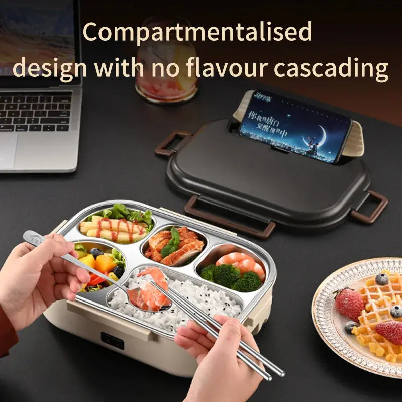 Compartmentalized stainless steel electric heated lunch box with separate food sections, preserving flavors without mixing.