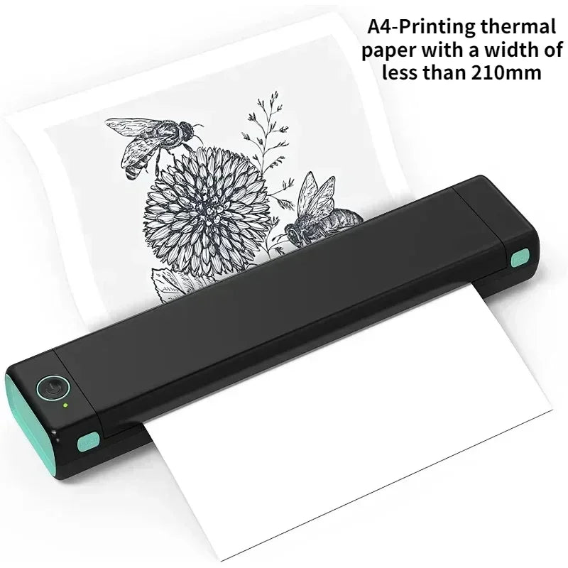 Compact A4 mobile thermal printer with floral illustration on A4-sized thermal paper for on-the-go printing convenience.