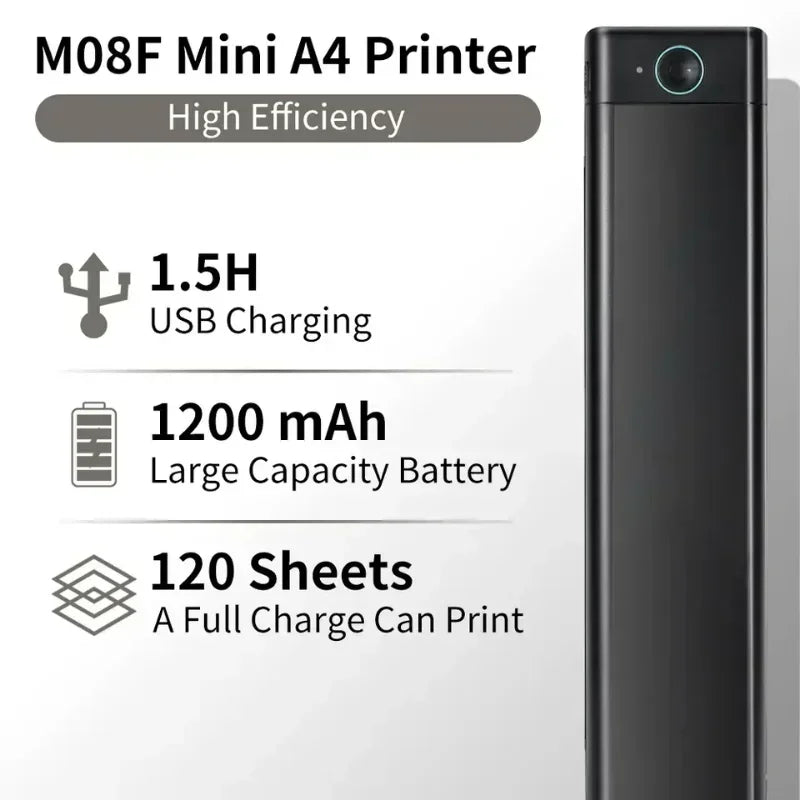 Portable A4 thermal printer with 1.5H USB charging, 1200 mAh battery, and can print up to 120 sheets.