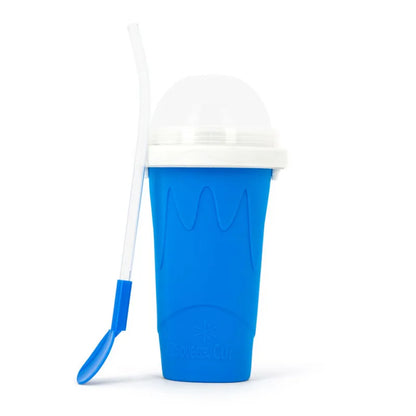 Colorful blue silicone squeeze mug with a white lid and straw, ideal for making homemade frozen treats and slushies. This DIY slushy maker provides a quick and easy way to create customized frozen beverages at home.