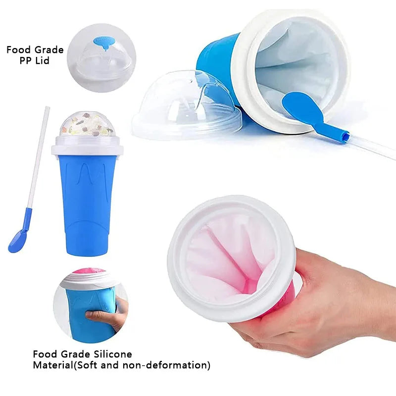 White and blue slushy maker cup with silicone material and squeeze function, designed for quick homemade ice cream and frozen drinks.