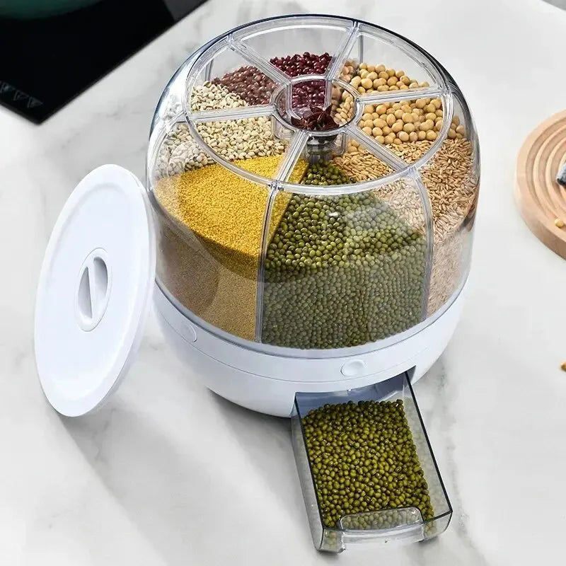 Kitchen Grain Storage Container Dispenser, 360 ° Rotation, One Click Output, 6-cell Storage, Suitable For, Beans, and Rice - naiveniche