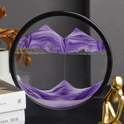 Mesmerizing 3D moving sand art picture in round glass container with deep sea sandscape, showcasing flowing patterns and soothing purple hues for an elegant office or home decor accessory.