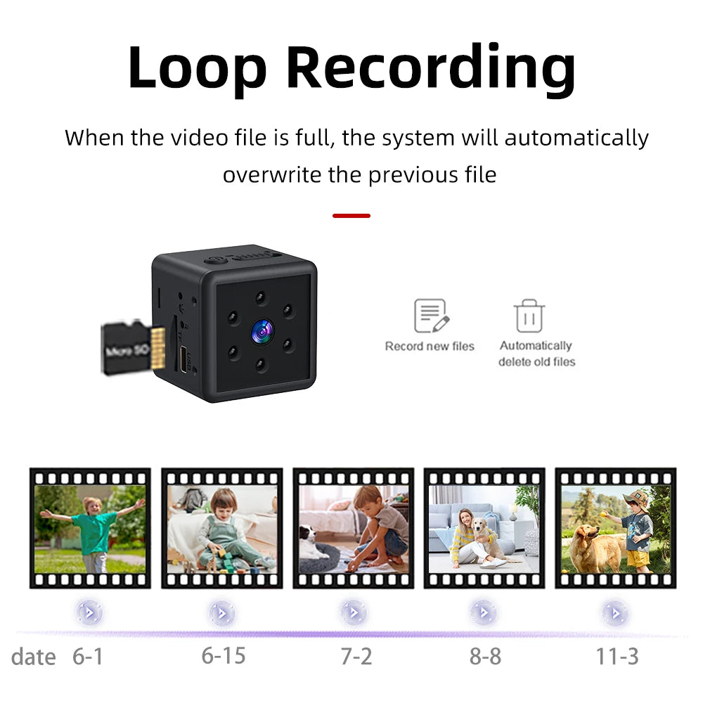 Compact micro video recorder with 1080P HD resolution, voice recording, and infrared night vision capabilities. Designed for sports, outdoor, and covert recording with automatic loop recording feature.