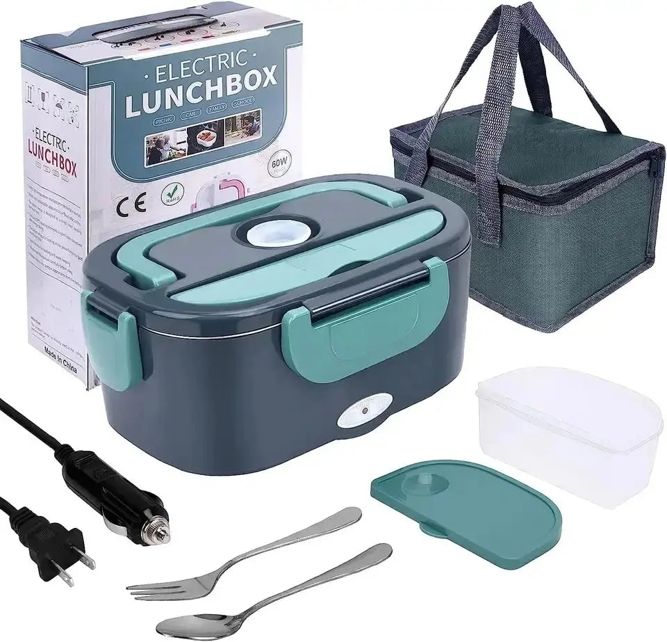Portable electric lunch box: 1.5L stainless steel food warmer, with insulated carrying bag, utensils, and power adapter for car or home use.