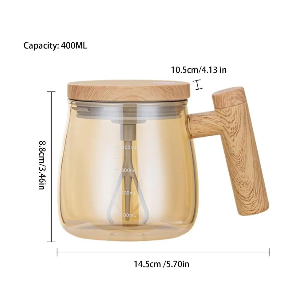 400ml Portable Electric Self Stirring Glass Mug with Wooden Lid and Handle