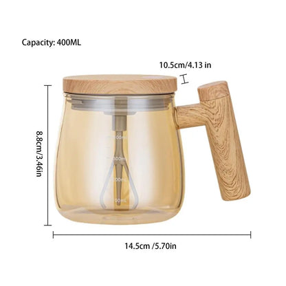 400ml Portable Electric Self Stirring Glass Mug with Wooden Lid and Handle