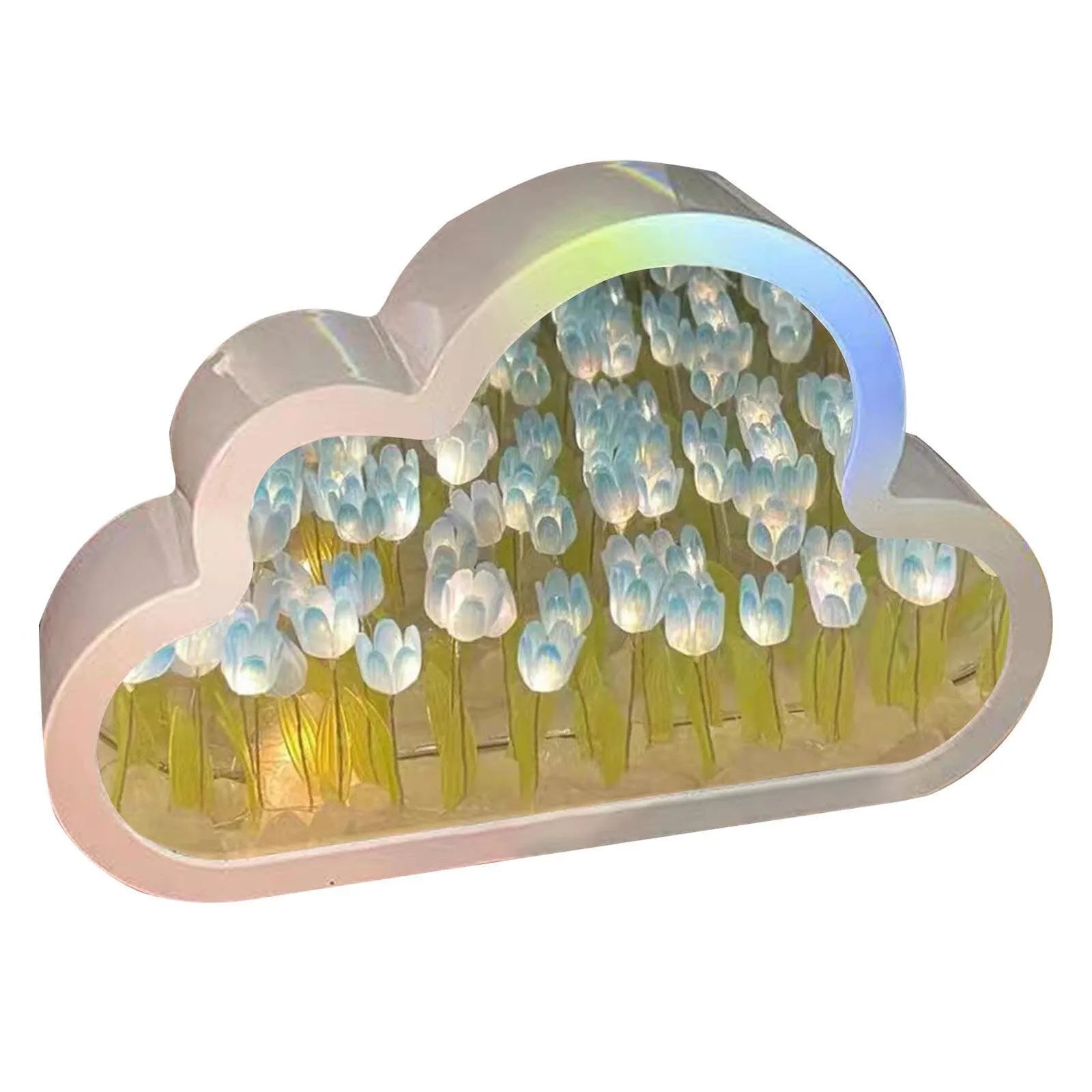 Decorative cloud-shaped LED night light with tulip-like lights cascading down, creating a whimsical and enchanting table lamp for the bedroom.