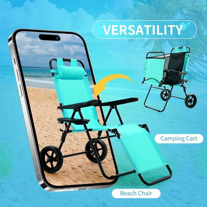 Versatile 2-in-1 Beach Chair and Camping Cart, Turquoise Foldable Beach Lounge Chair with Wheels and Footrest