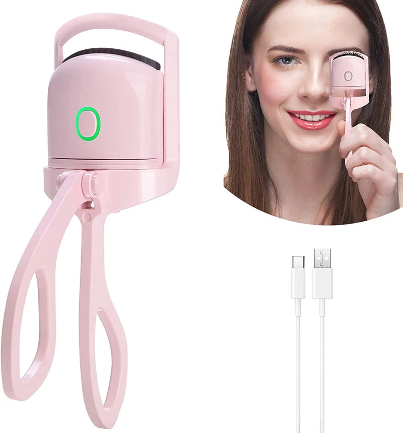Compact and portable USB rechargeable electric eyelash curler with 2 temperature settings, offering a quick heating and long-lasting curling effect for glamorous lashes.