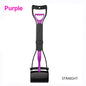 Long-handled pet pooper scooper with purple jaw and black handle, designed to easily pick up and clean pet waste.