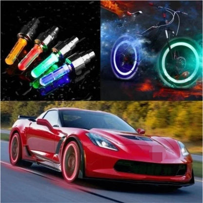 Multicolored LED tire valve caps for cars, motorcycles, and bicycles and a high-performance red sports car speeding on a road.