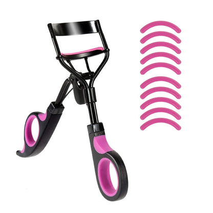 Eyelash curler with pink and black accents and 10 replacement pads, a professional makeup beauty tool for curling and elongating eyelashes.