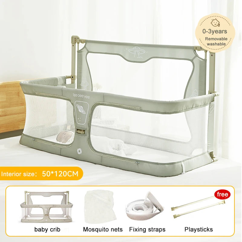 Lightweight baby crib with simple design. Sturdy gray metal frame with removable, washable bedside barrier. Includes mosquito net, fixing straps, and playful accessories for safe and comfortable sleep.