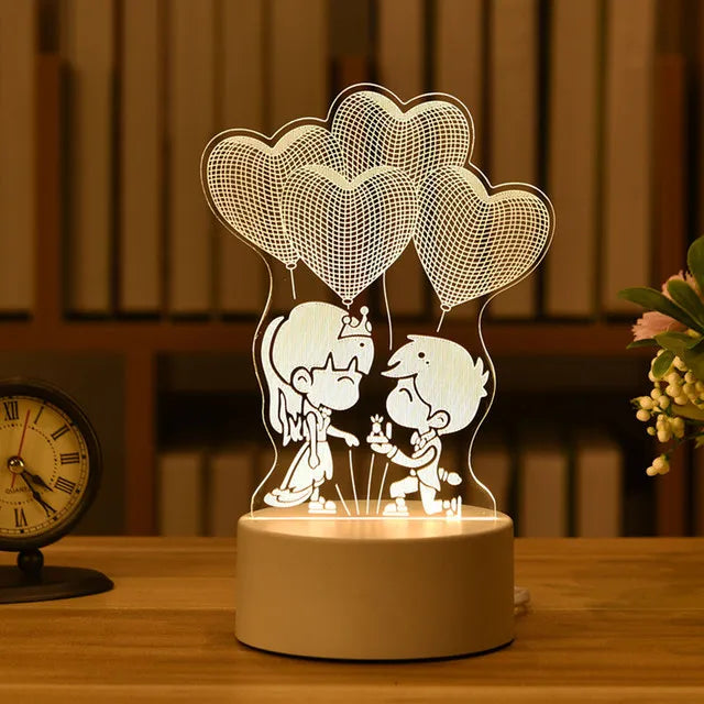 Romantic Love 3D Acrylic LED Lamp - Couple Under Heart-Shaped Balloons Night Light for Home Decor, Birthday, Valentine's Day