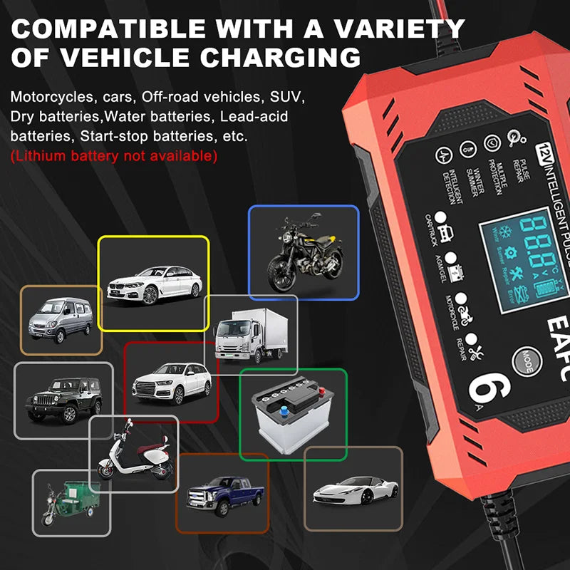 6A 12V Car and Motorcycle Battery Charging Device with Smart LCD Display