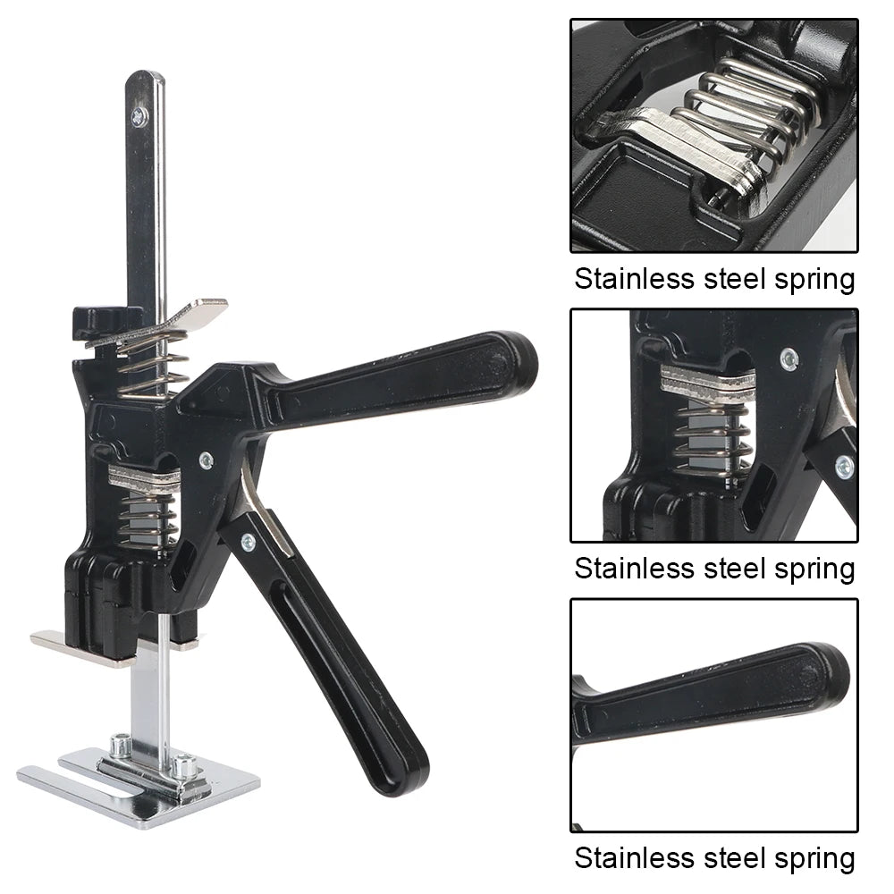 Tile Height Adjuster Elevator Tool - A multipurpose construction tool featuring a sturdy metal body, stainless steel springs, and an adjustable arm for lifting and aligning drywall, door panels, and other building materials.