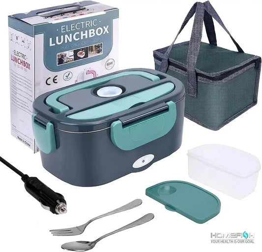 Electric lunch box with 1.5L capacity, 60W power, and 304 stainless steel liner. Includes a portable food warmer, leak-proof design, and a carrying bag for convenient use at home or in the car.