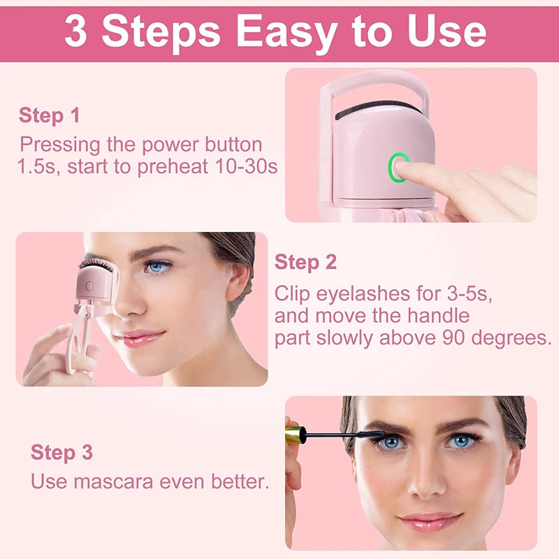 Heated electric eyelash curler with 3 easy steps - press power button, clip eyelashes, and use mascara for long-lasting curling effect, shown in product image.