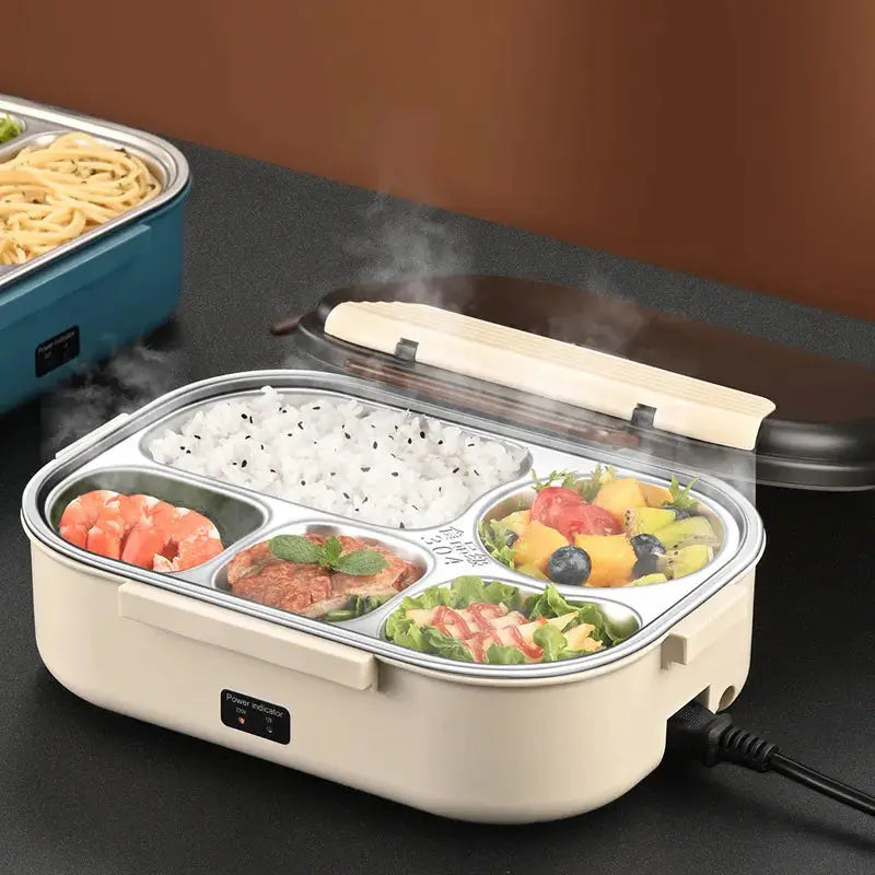Stainless steel electric heated lunch box with multiple compartments, steam venting, and 12V/220V power options, ideal for warm, healthy meals on-the-go.