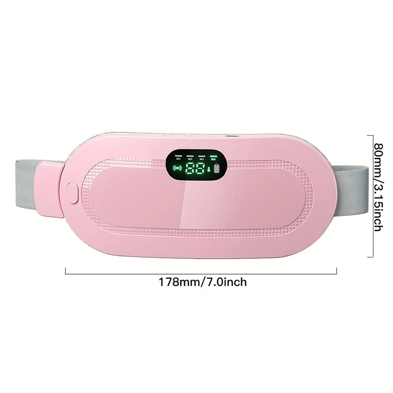Portable electric menstrual heating pad. Pink-colored thermal massager belt with digital display for relieving period cramps and discomfort.
