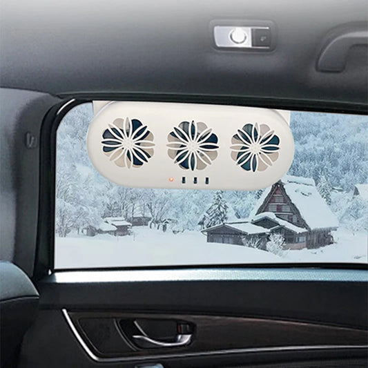 Solar-powered car ventilation fan with thermostat in snowy cabin interior