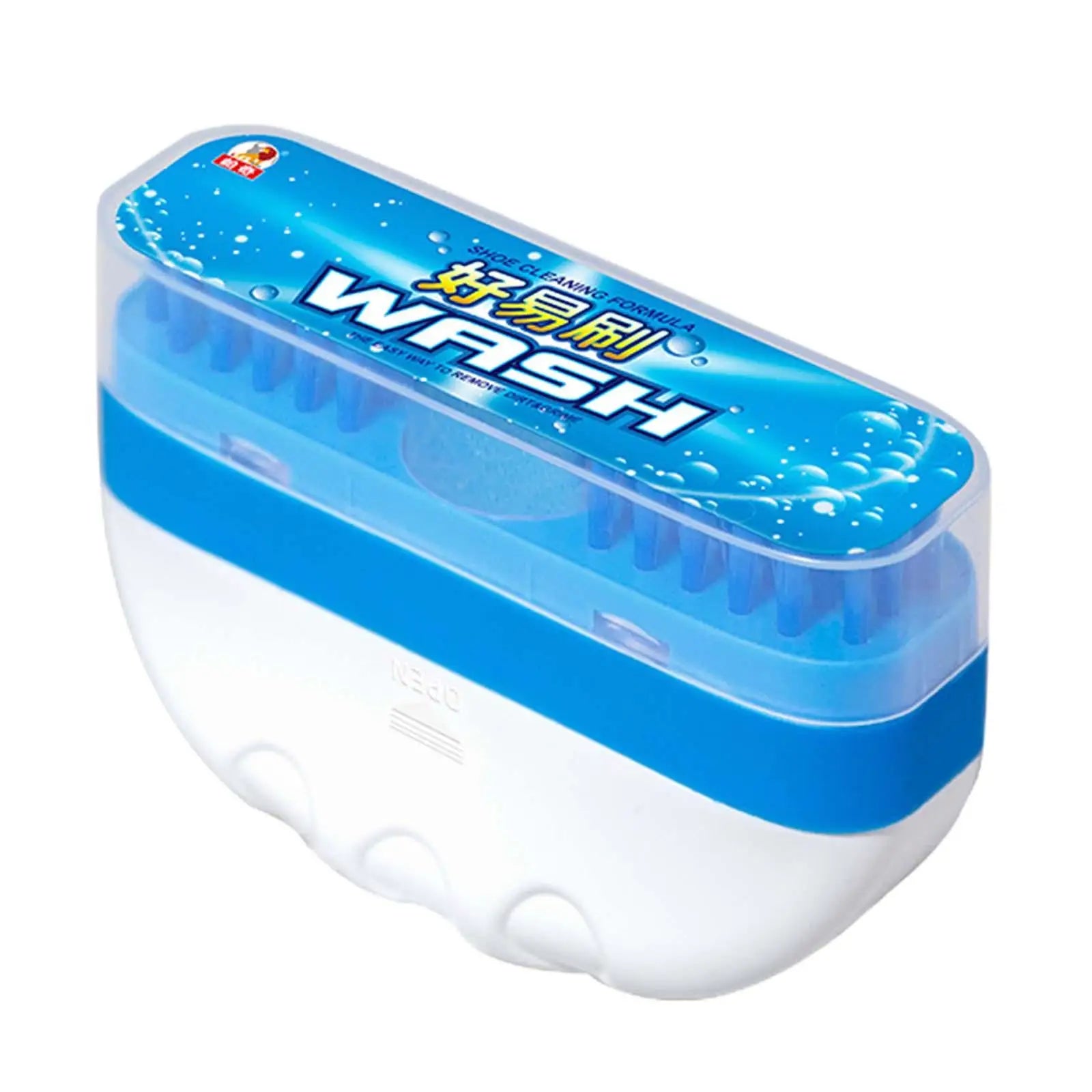 Blue and white waterless shoe cleaner solution in a plastic container with the brand name 