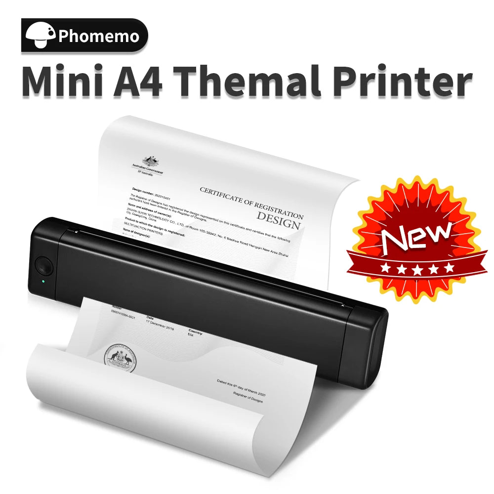 Compact A4 thermal printer, wireless mobile design for on-the-go printing, supports up to 8.26