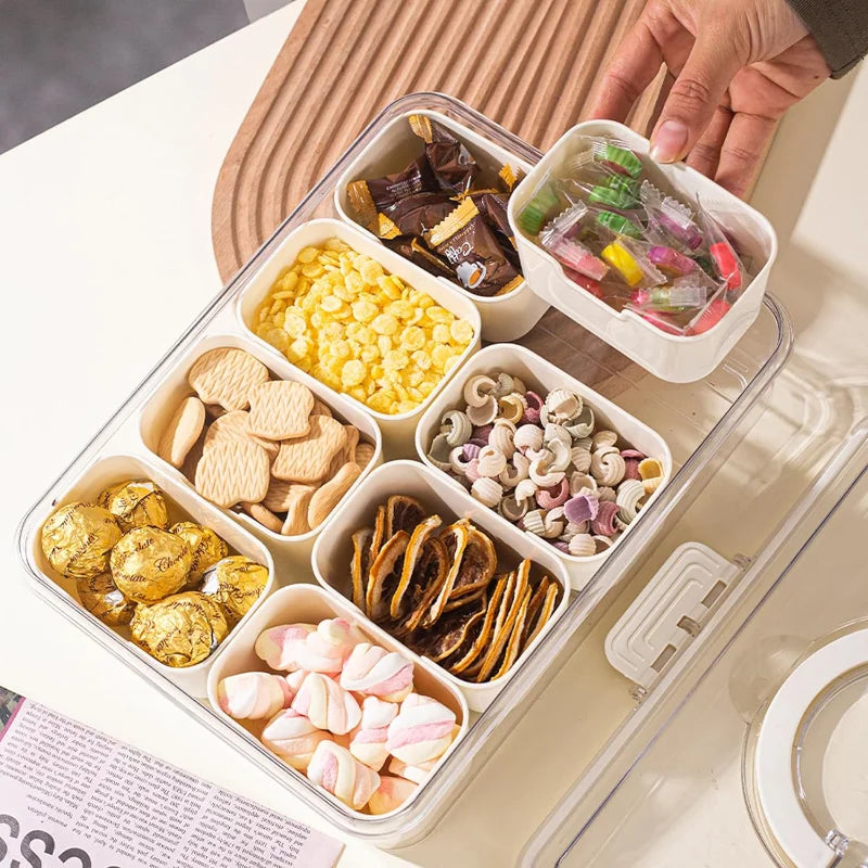 8-Grid Divided Serving Tray with Assorted Snacks and Treats