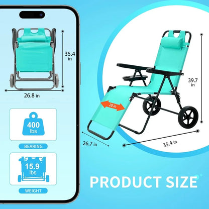 Folding beach chair with wheels, sturdy design for adults, includes footrest, versatile 2-in-1 functionality, compact size for easy transport.