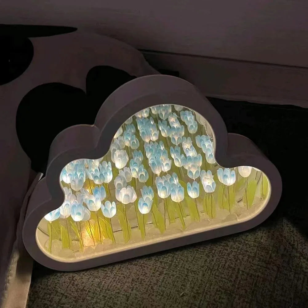 Whimsical cloud-shaped LED night light with tulip-like water droplets, creating a soothing and decorative accent for a bedroom.