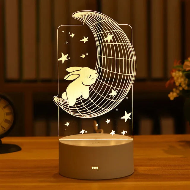Romantic Moon and Bunny 3D LED Lamp
Whimsical 3D acrylic moon and bunny night light for home, children's room decor, or Valentine's Day gift