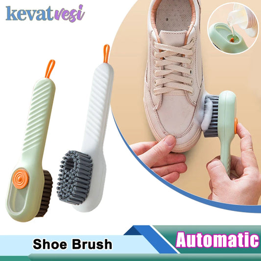 Automatic Shoe Brush with Liquid Soap Dispenser: Hands demonstrating how to clean shoes with a multi-functional brush, featuring a soft cleaning brush and liquid soap dispenser for household laundry and shoe cleaning.