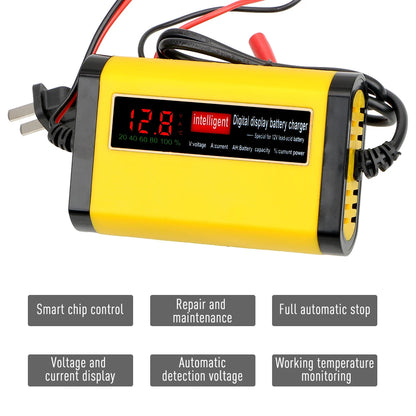 Full automatic car battery charger with digital LCD display, 2A fast charging, and 3-stage charging for lead acid, AGM, and GEL batteries.