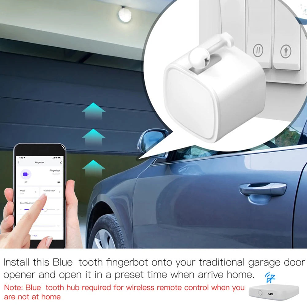 Smart Bluetooth Fingerbot for Automated Garage Door Control
A compact, wireless bot that can push your garage door opener buttons and open your garage automatically when you arrive home, controlled via smartphone app.