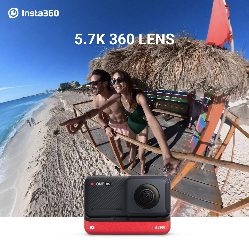 Insta360 ONE RS - Waterproof 4K 60fps Action Camera & 5.7K 360 Camera with Interchangeable Lenses, Twin/4K Edition, on a tropical beach with people relaxing in the background.