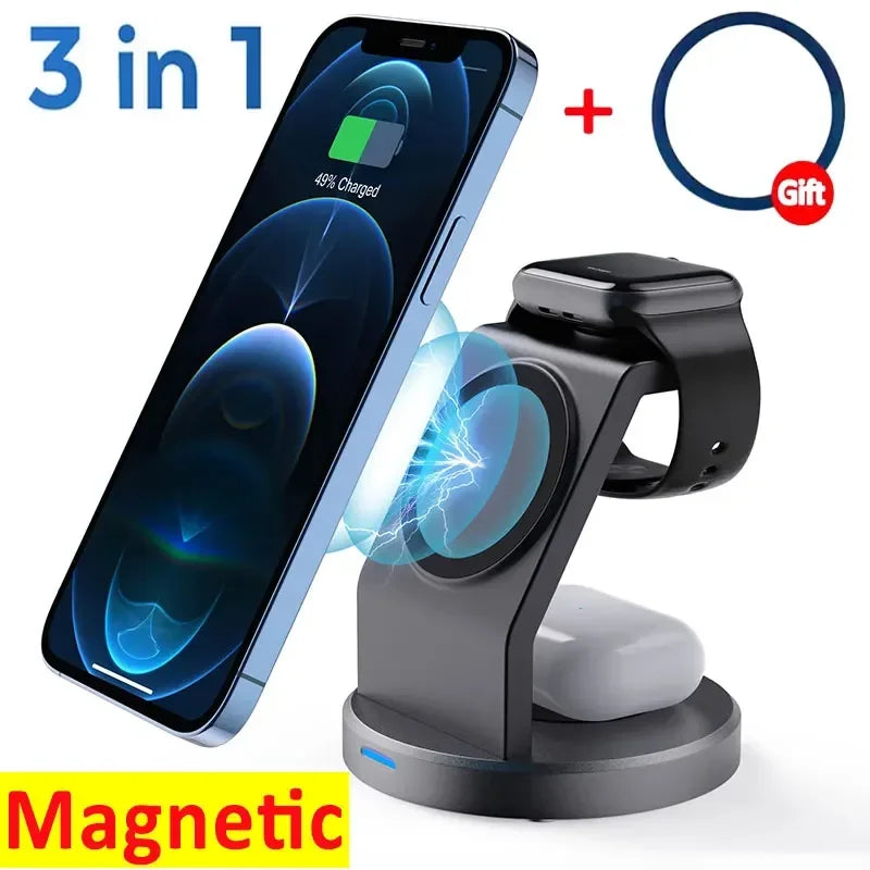 3 In 1 Mangetic Wireless Charger Stand For Iphone 15 14 13 12 Pro Max Apple Watch 8 7 6 Airprods Pro Fast Charging Dock Station - naiveniche