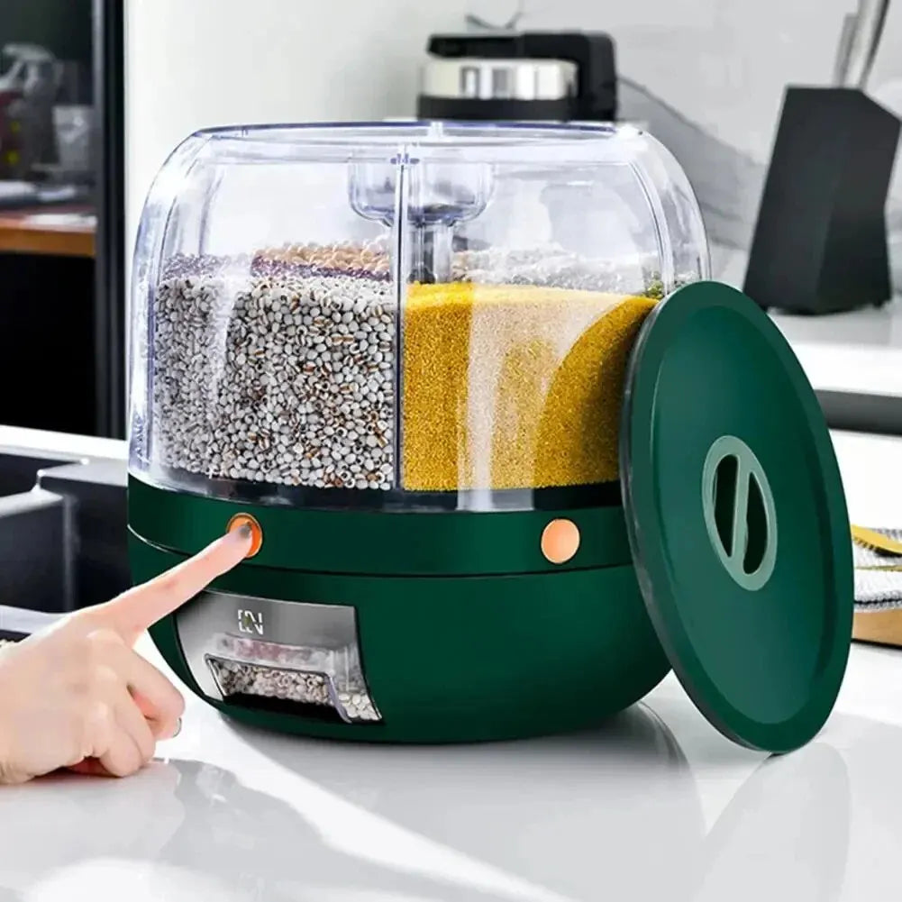 Kitchen Grain Storage Container Dispenser, 360 ° Rotation, One Click Output, 6-cell Storage, Suitable For, Beans, and Rice - naiveniche