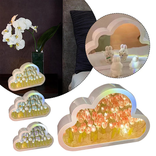 Decorative cloud-shaped LED night lights with tulip design, providing soft ambient illumination for a cozy bedroom atmosphere.