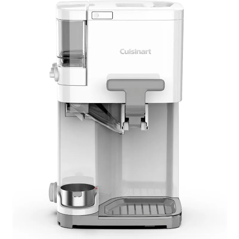 White Cuisinart soft serve ice cream maker with 1.5 quart capacity, featuring a modern and sleek design for effortless frozen dessert creation.