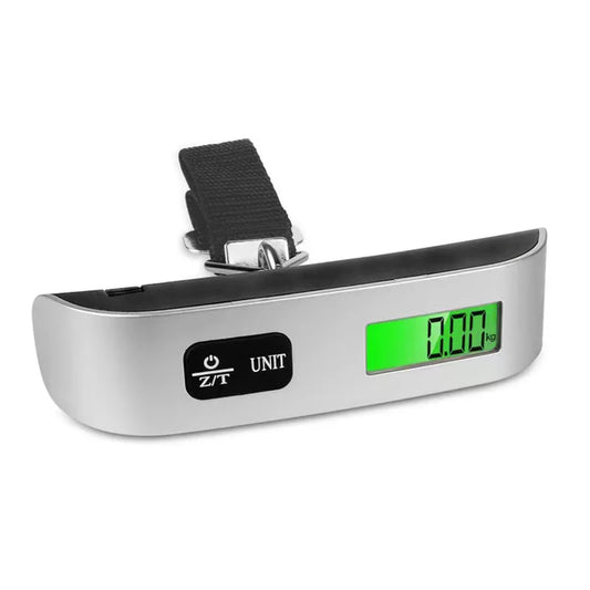 Portable digital luggage scale with LCD display. Sleek silver-colored design with black strap. Measures up to 110 lb/50 kg weight capacity. Convenient tool for weighing suitcases and bags while traveling.
