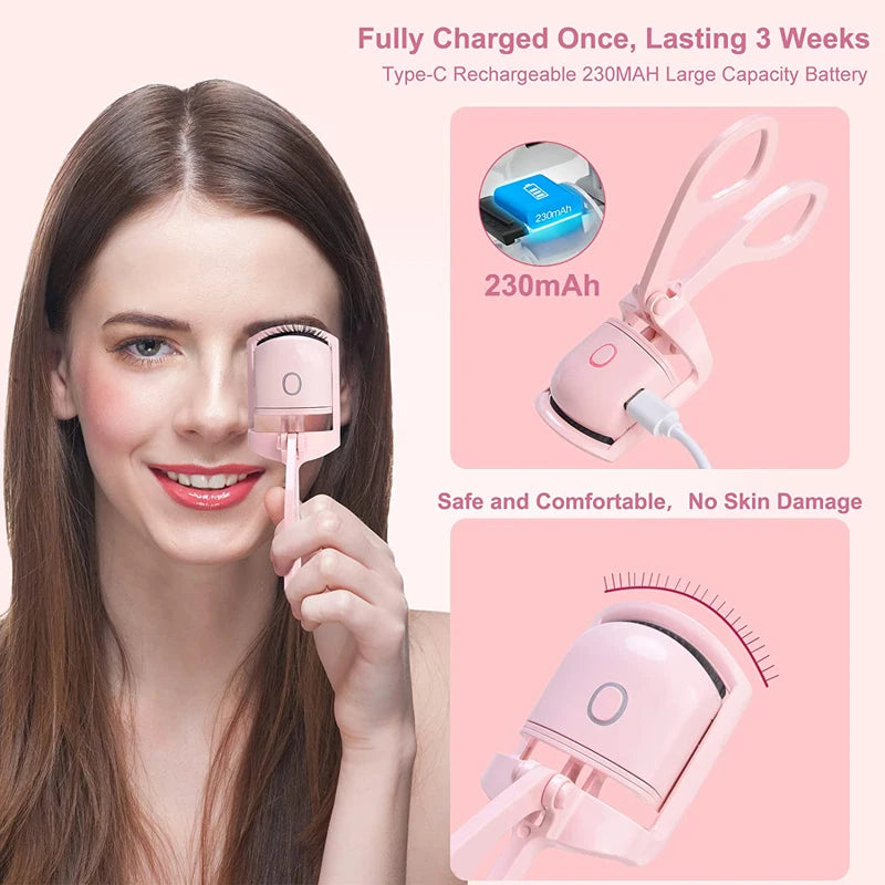A pink rechargeable electric eyelash curler with a long-lasting 230mAh battery, providing a safe and comfortable curling experience without skin damage, shown in use next to a smiling woman with long, dark hair.