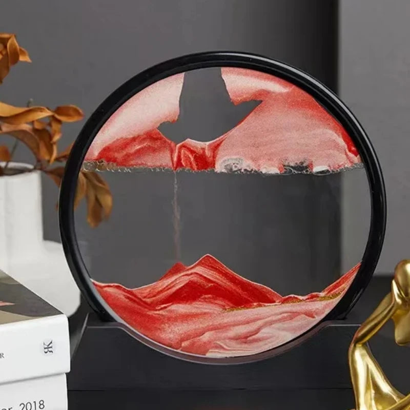 Enchanting 3D glass art display with flowing red sand, creating a mesmerizing sandscape and deep sea-inspired scene, perfect for home or office decor.